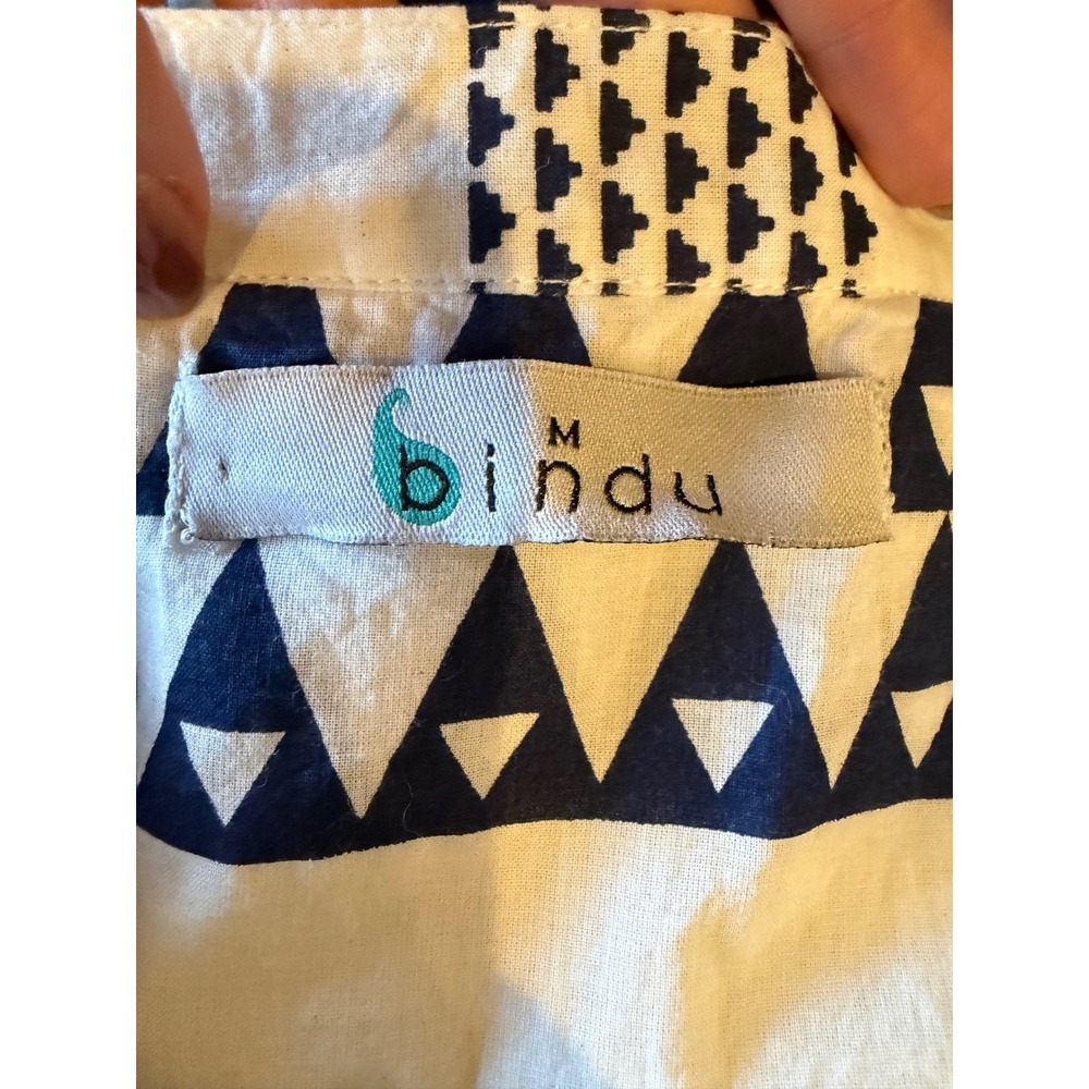 Bindu Anthropologie Geometric Tribal Tiered Mini Dress Women Medium Blue White - Picture 9 of 11
